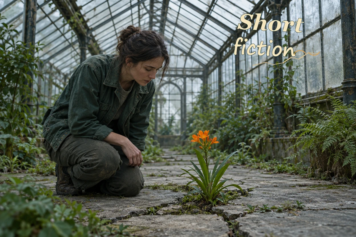 botanist; orange flowering plant; abandoned glasshouse; visible discovery relationship. Artwork lettering: Short fiction