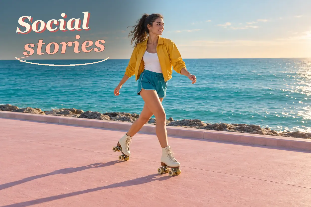 roller skater; yellow jacket; complete roller skates; seaside promenade. Artwork lettering: Social stories